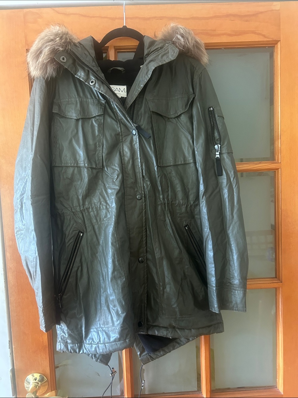 SAM. Men's Olive Green Field Parka with Faux Fur Trim Hood